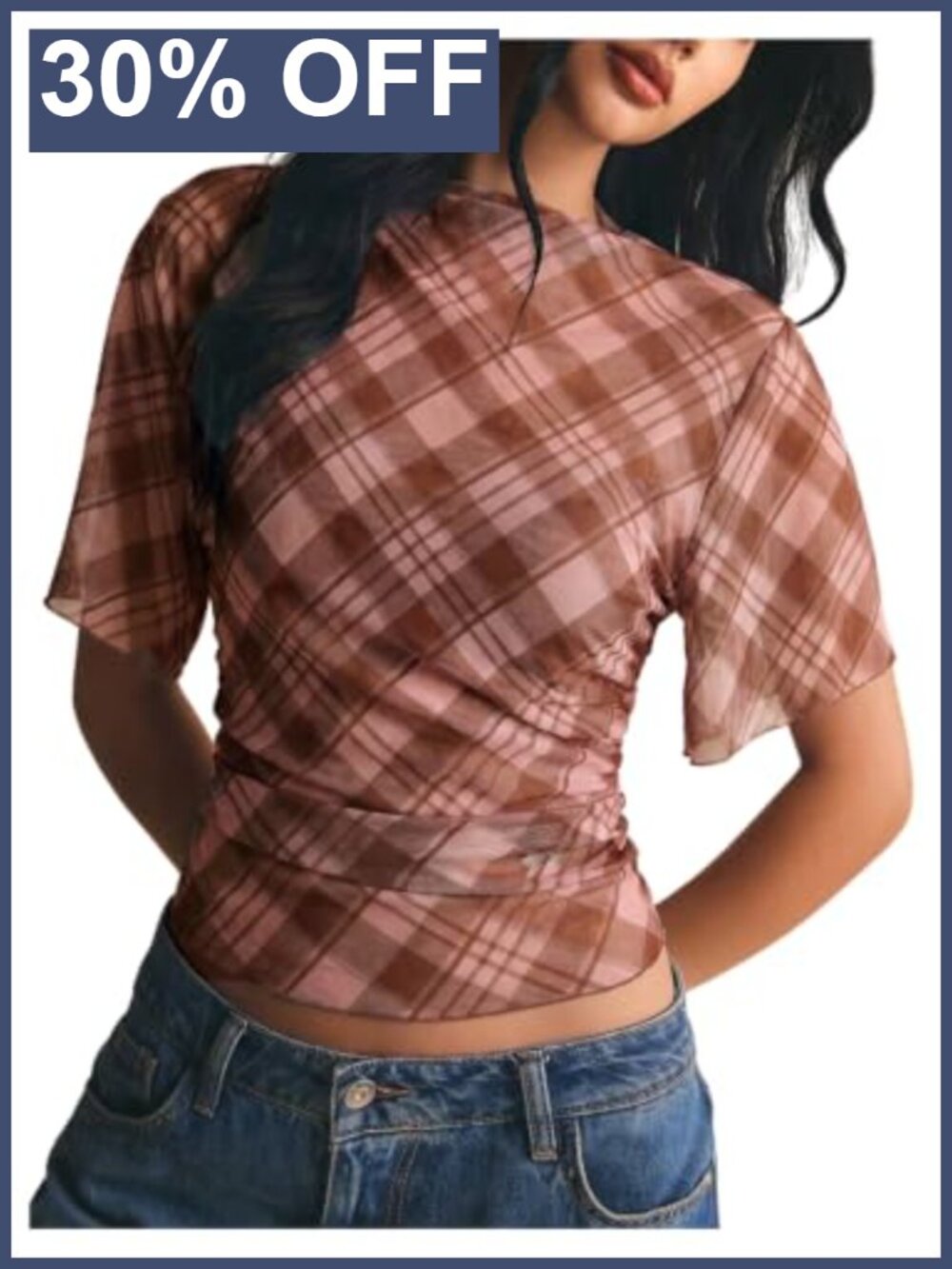 Plaid Mesh Sheer Crop Top Boat Neck Short Sleeve Blouse